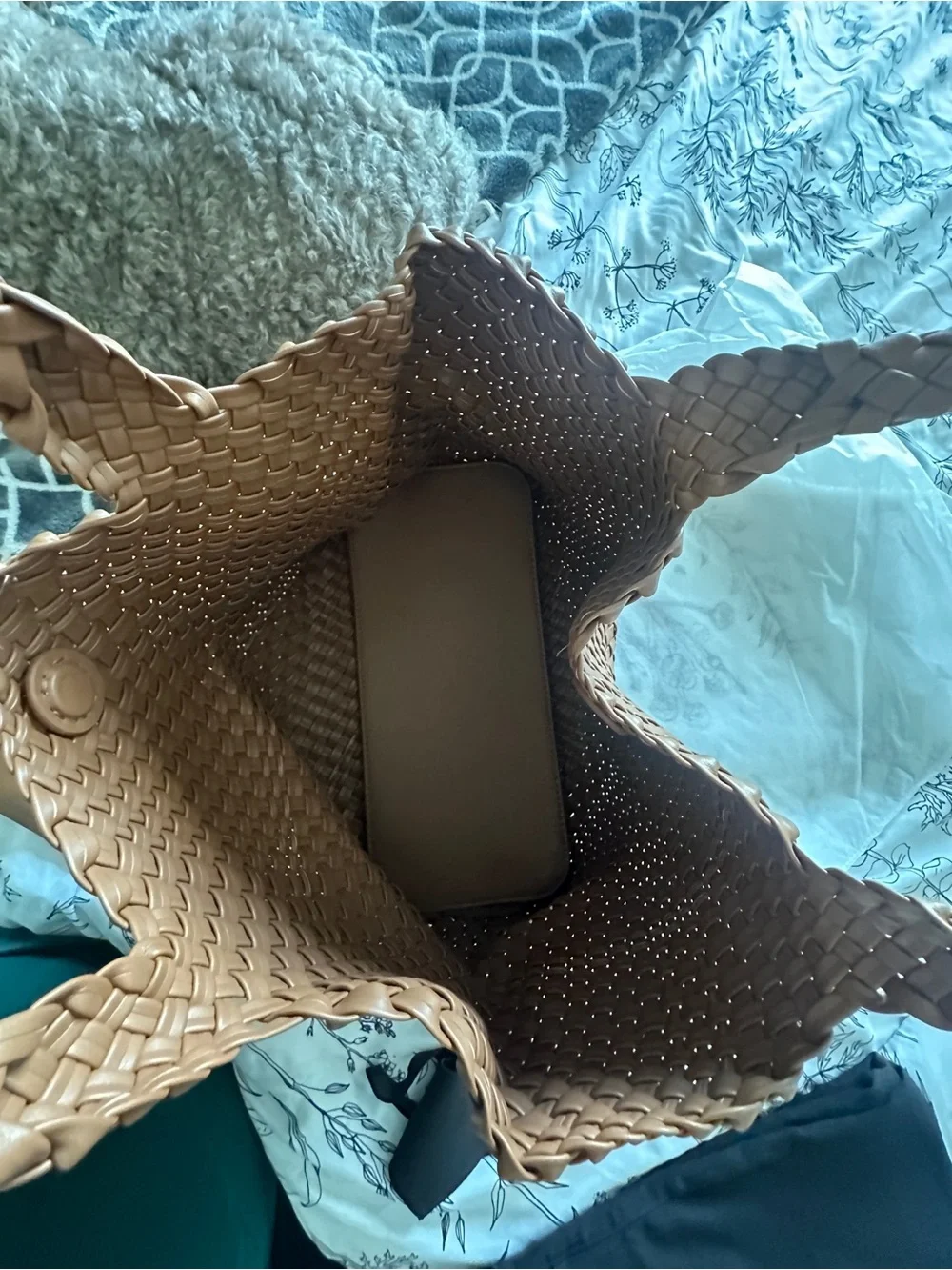 Handmade Woven Vegan Leather Tote Bag in Cognac with Pouch